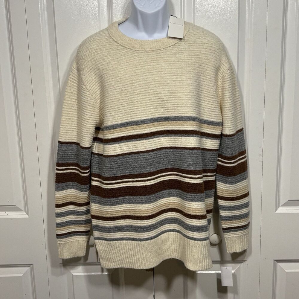 Thread & Supply Striped Sweater Womens M Cream Brown Gray Boxy NWT Coastal